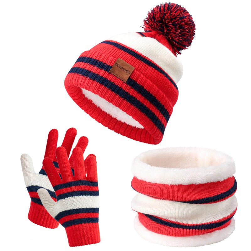 Bessteven Kids Winter Hat Gloves Scarf Set: Girls Boys Beanie Hats Scarves Gloves Set with Thick Warm Fleece Lined For Ages 6-10 Grandson Christmas Birthday Gift - Red - Image 1