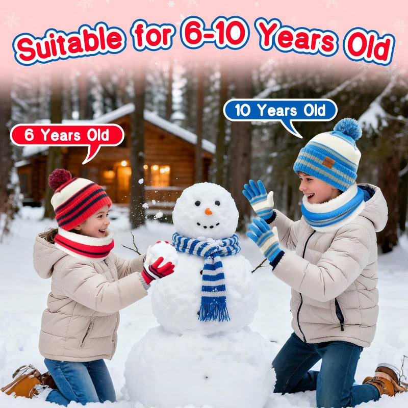 Bessteven Kids Winter Hat Gloves Scarf Set: Girls Boys Beanie Hats Scarves Gloves Set with Thick Warm Fleece Lined For Ages 6-10 Grandson Christmas Birthday Gift - Red - Image 5