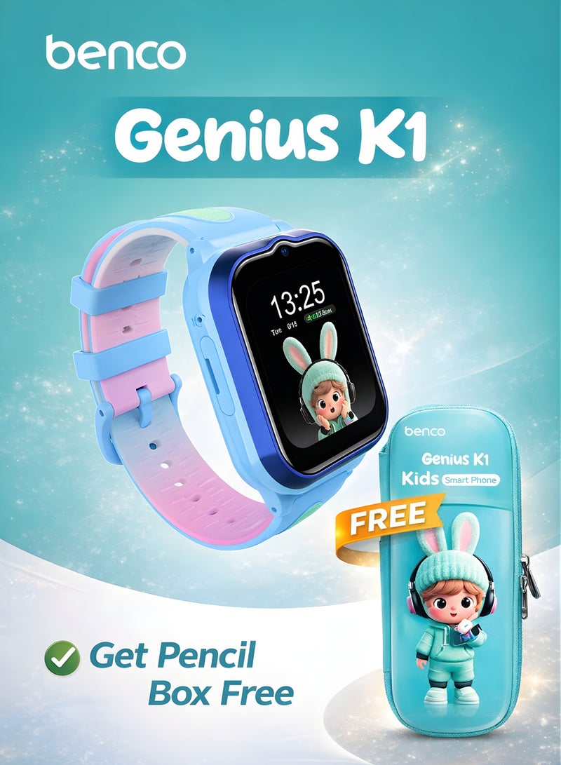 benco Genius K1 Kids 4G Watch Phone with GPS + Video Call for Kids –Free Pencil Box – Blue – Middle East Version - Image 1
