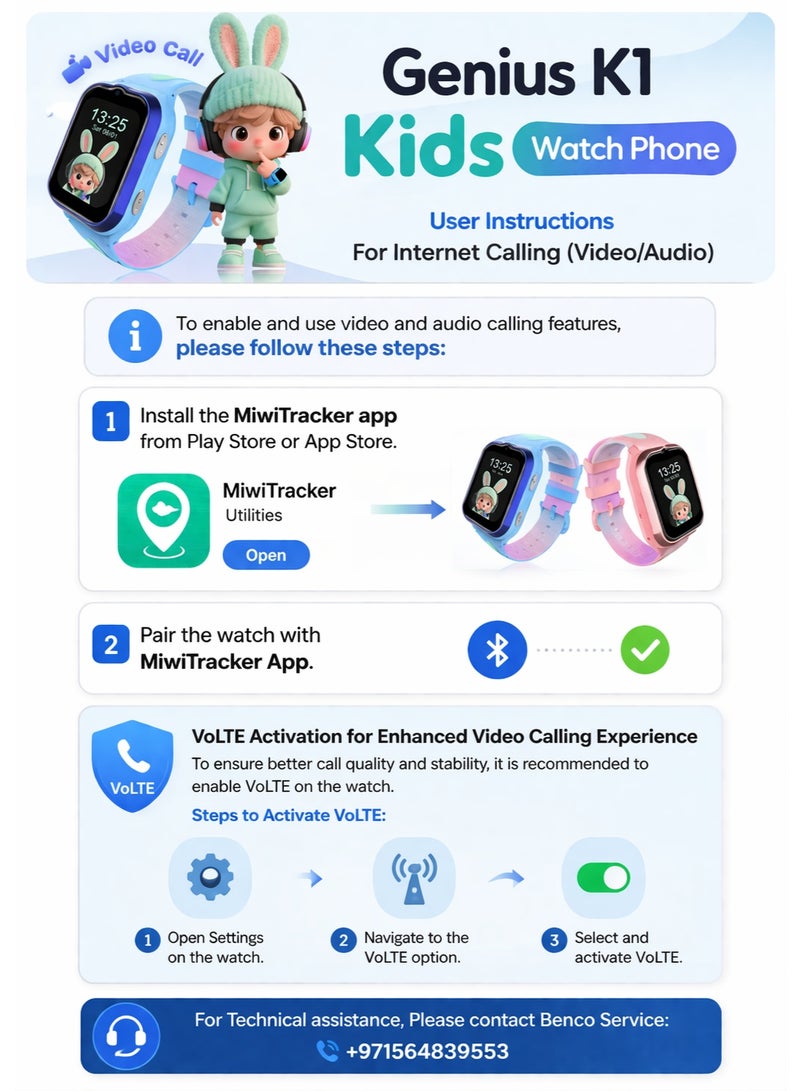 benco Genius K1 Kids 4G Watch Phone with GPS + Video Call for Kids –Free Pencil Box – Blue – Middle East Version - Image 2