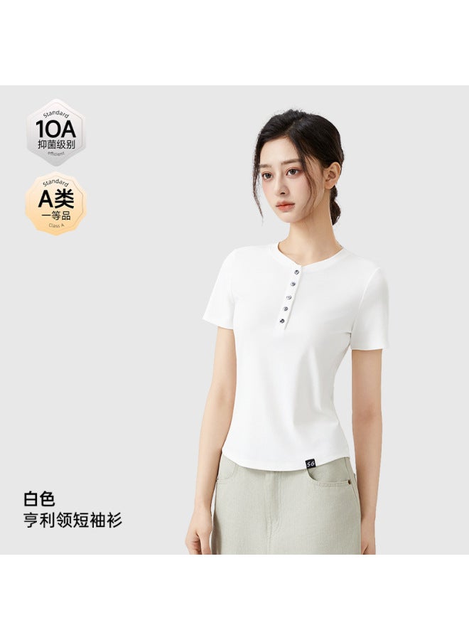Spring/summer 10a Antibacterial Cool-feeling Tencel Cotton T-shirt Women's Henley Neck Slim Fit Four-way Stretch Breathable Versatile Short-sleeve Top Women's