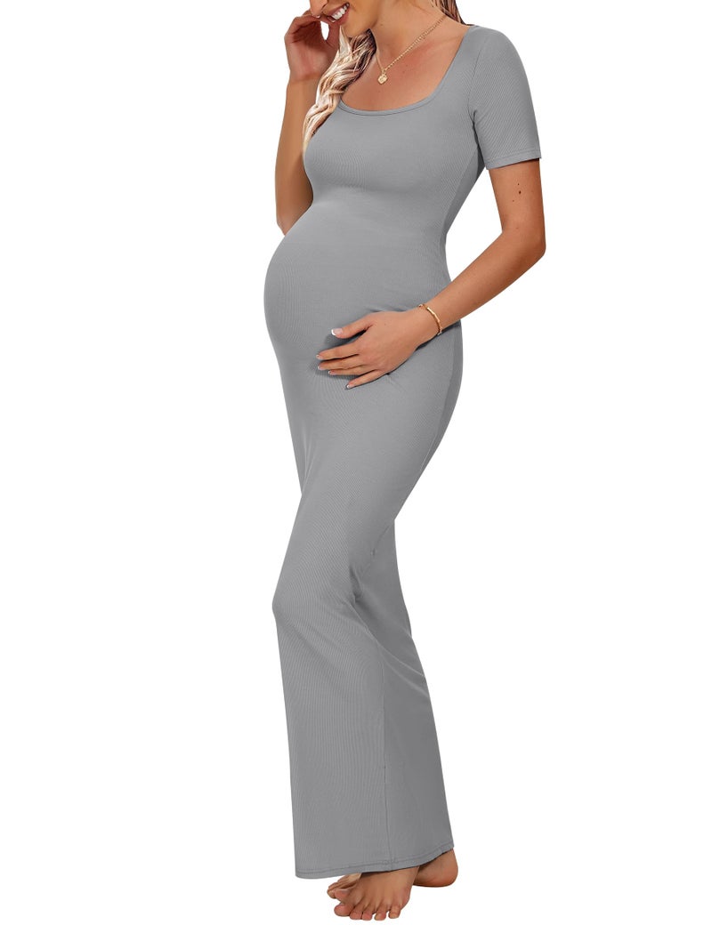 Peauty Summer Maternity Dress Bodycon Photoshoot Square Neck Maxi Pregnancy Rib Knit Stretchy Gray Short Sleeve Wedding Guest Casual Clothes Petite Spring Gray Heather S