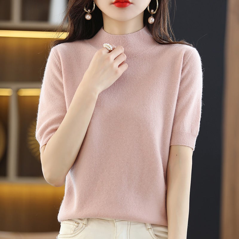 Spring and summer loose all-match wool knitted short-sleeved women's large size round neck solid color bottoming shirt knitted T-shirt thin section Gold camel M - Image 5
