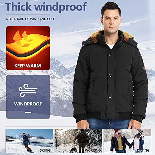 Heihuohua Men's Winter Thicken Warm Puffer Removable Hood Coat, Black, Medium - Image 3
