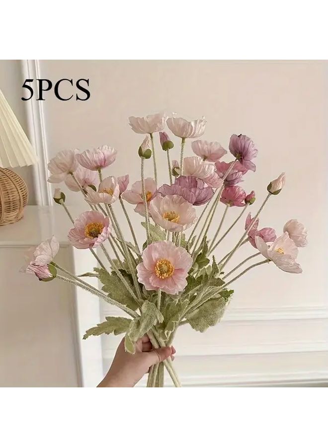 Artificial Icelandic Poppy Bouquet 2 White 2 Light Pink 1 Purple 5 Stem Plastic Flower Arrangements For Weddings Home Decoration Living Room Display Easter Outdoor - Image 1