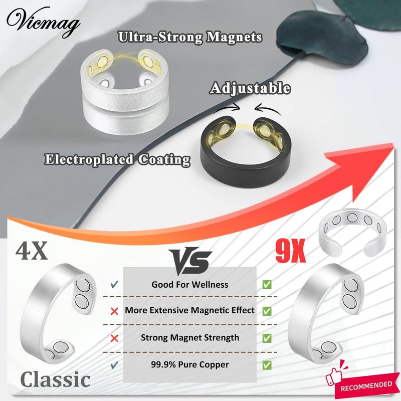 Vicmag 2PCS Magnetic Copper Rings for Women & Men,99.99% Pure Copper Ring with 9X Magnets Gift Adjustable(9X Black & Silver) - Image 4