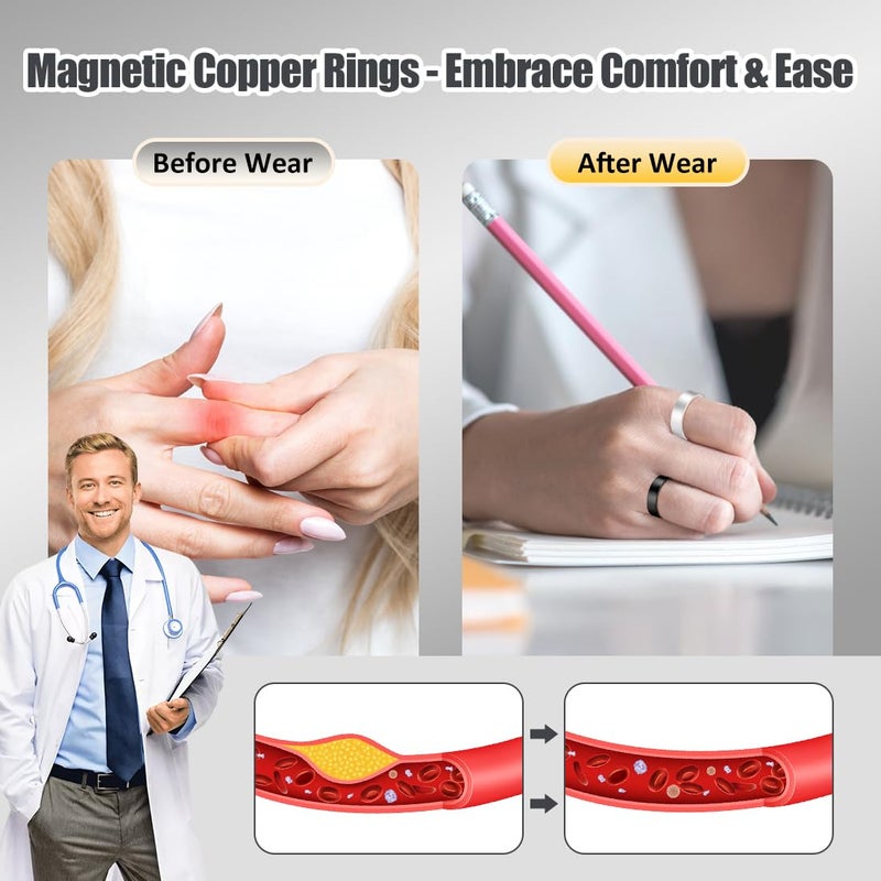 Vicmag 2PCS Magnetic Copper Rings for Women & Men,99.99% Pure Copper Ring with 9X Magnets Gift Adjustable(9X Black & Silver) - Image 3