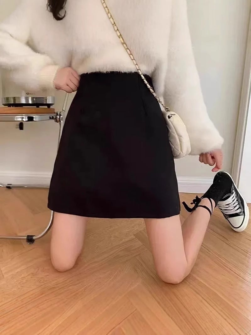 Woolen Black Short Skirt Korean Style Skirt Fashion High Waist Slimming Small All-Match A- Line Skirt - Image 4
