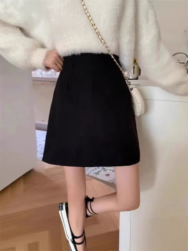 Woolen Black Short Skirt Korean Style Skirt Fashion High Waist Slimming Small All-Match A- Line Skirt - Image 5