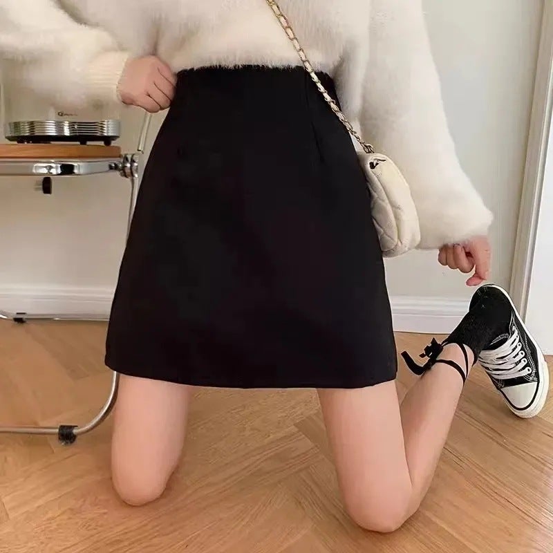 Woolen Black Short Skirt Korean Style Skirt Fashion High Waist Slimming Small All-Match A- Line Skirt - Image 1