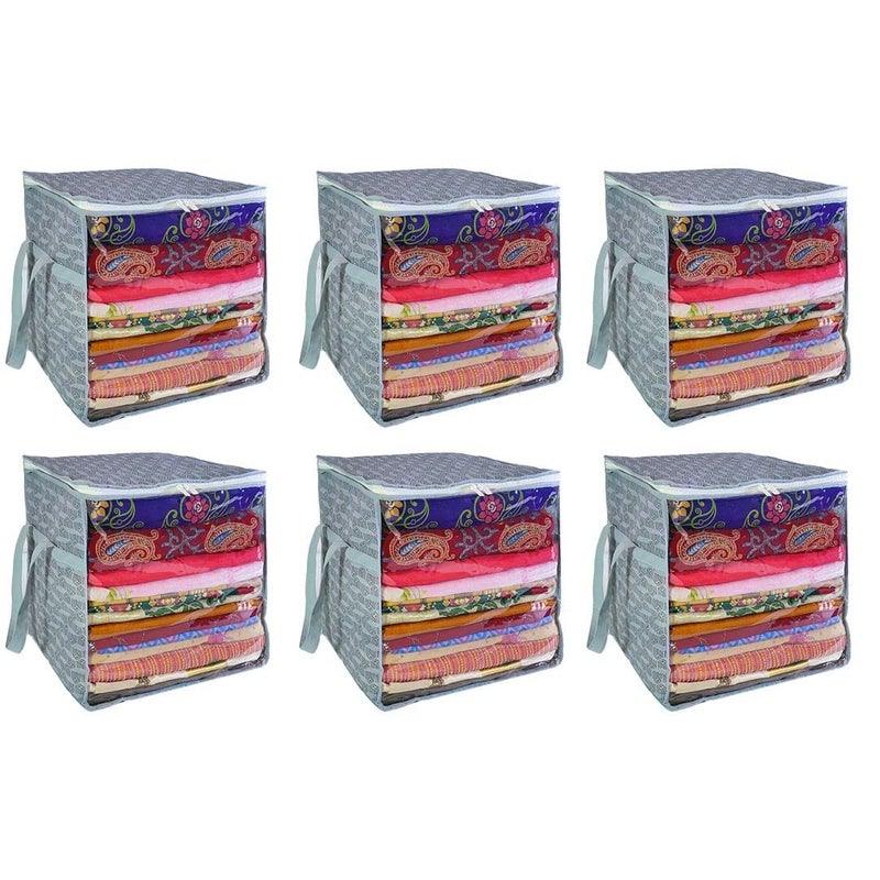 Homestrap Set of 6 Jumbo Saree Cover with Front Window and Side Handle Stackable Clothes Storage Organizer GreyFeatured on Shark Tank Polypropylene - Image 1