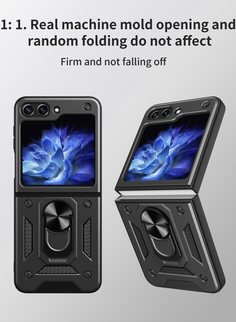 سامسونج جالاكسي زد فليب 6 5G الهاتف المحمول القضية ، انزلاق الكاميرا عدسة الغطاء ، 360 درجة قوس دوار الدائري ، ودعم المغناطيسي سيارة الهاتف المحمول حالة صدمة الأسود - Image 2