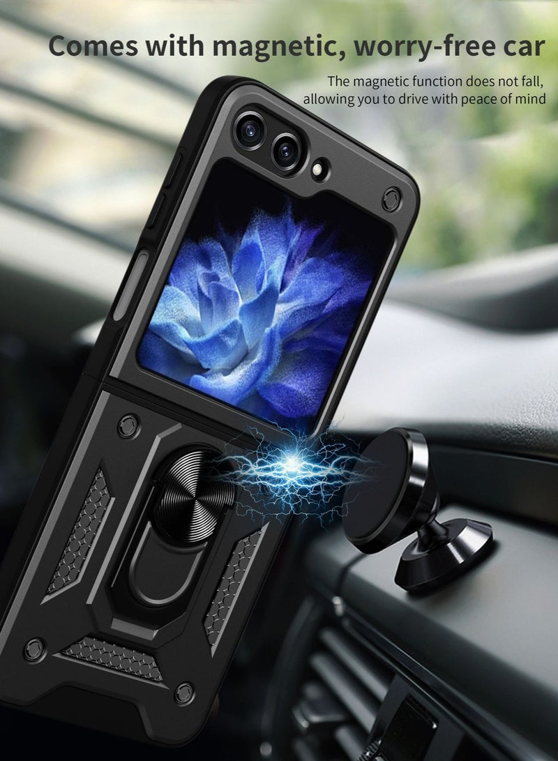 سامسونج جالاكسي زد فليب 6 5G الهاتف المحمول القضية ، انزلاق الكاميرا عدسة الغطاء ، 360 درجة قوس دوار الدائري ، ودعم المغناطيسي سيارة الهاتف المحمول حالة صدمة الأسود - Image 3