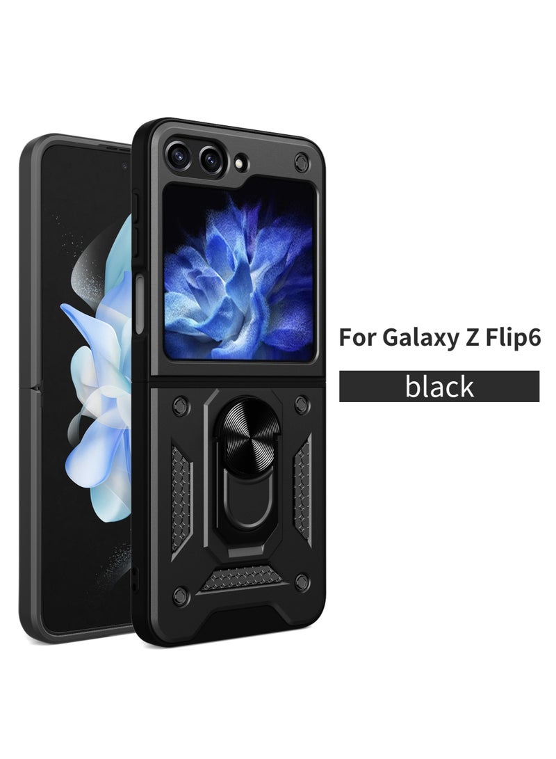 سامسونج جالاكسي زد فليب 6 5G الهاتف المحمول القضية ، انزلاق الكاميرا عدسة الغطاء ، 360 درجة قوس دوار الدائري ، ودعم المغناطيسي سيارة الهاتف المحمول حالة صدمة الأسود - Image 1