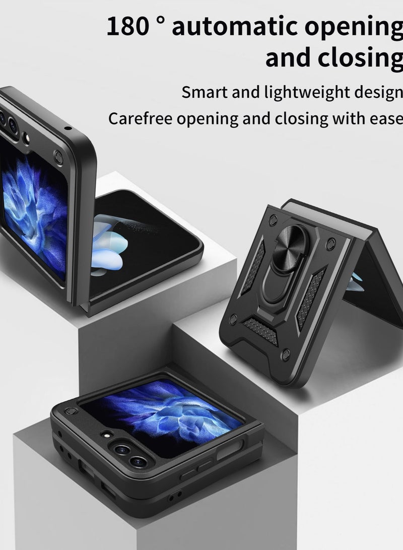 سامسونج جالاكسي زد فليب 6 5G الهاتف المحمول القضية ، انزلاق الكاميرا عدسة الغطاء ، 360 درجة قوس دوار الدائري ، ودعم المغناطيسي سيارة الهاتف المحمول حالة صدمة الأسود - Image 4