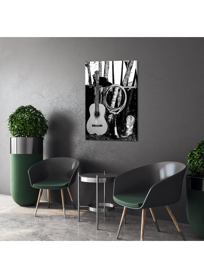 Home Trove Sechars Western Cowboy Canvas Wall Art Poster American West Rodeo Cowboy Guitar Boot Picture Print Black And White Farmhouse Country Artwork Stretched For Home Office Decoration 24X36Inch - Image 2