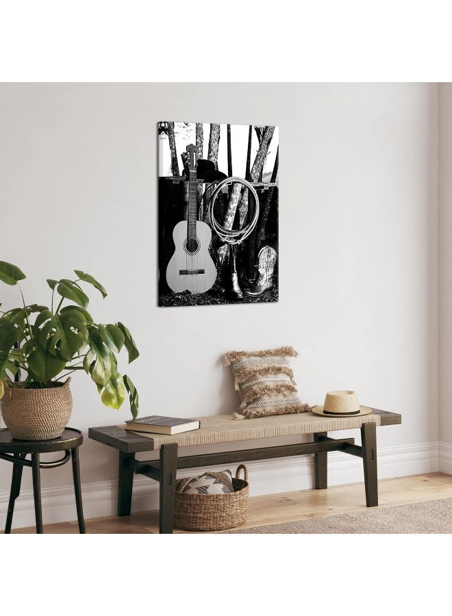Home Trove Sechars Western Cowboy Canvas Wall Art Poster American West Rodeo Cowboy Guitar Boot Picture Print Black And White Farmhouse Country Artwork Stretched For Home Office Decoration 24X36Inch - Image 3