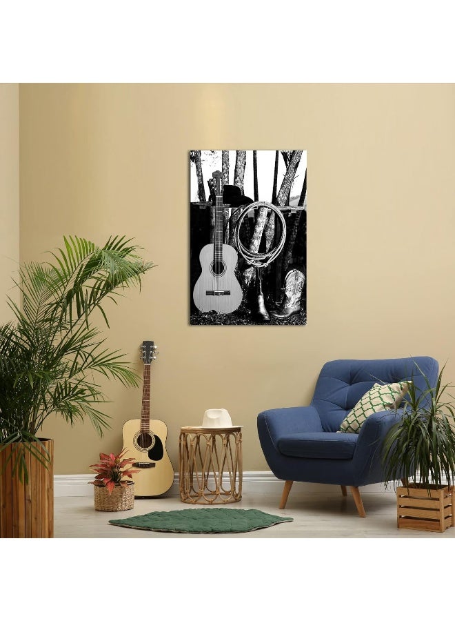 Home Trove Sechars Western Cowboy Canvas Wall Art Poster American West Rodeo Cowboy Guitar Boot Picture Print Black And White Farmhouse Country Artwork Stretched For Home Office Decoration 24X36Inch - Image 5