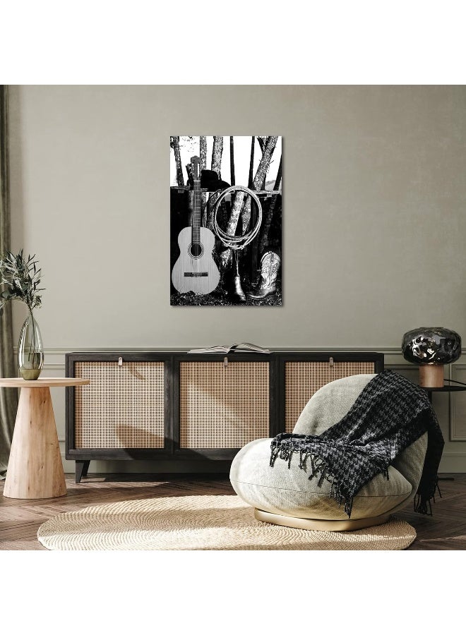 Home Trove Sechars Western Cowboy Canvas Wall Art Poster American West Rodeo Cowboy Guitar Boot Picture Print Black And White Farmhouse Country Artwork Stretched For Home Office Decoration 24X36Inch - Image 4