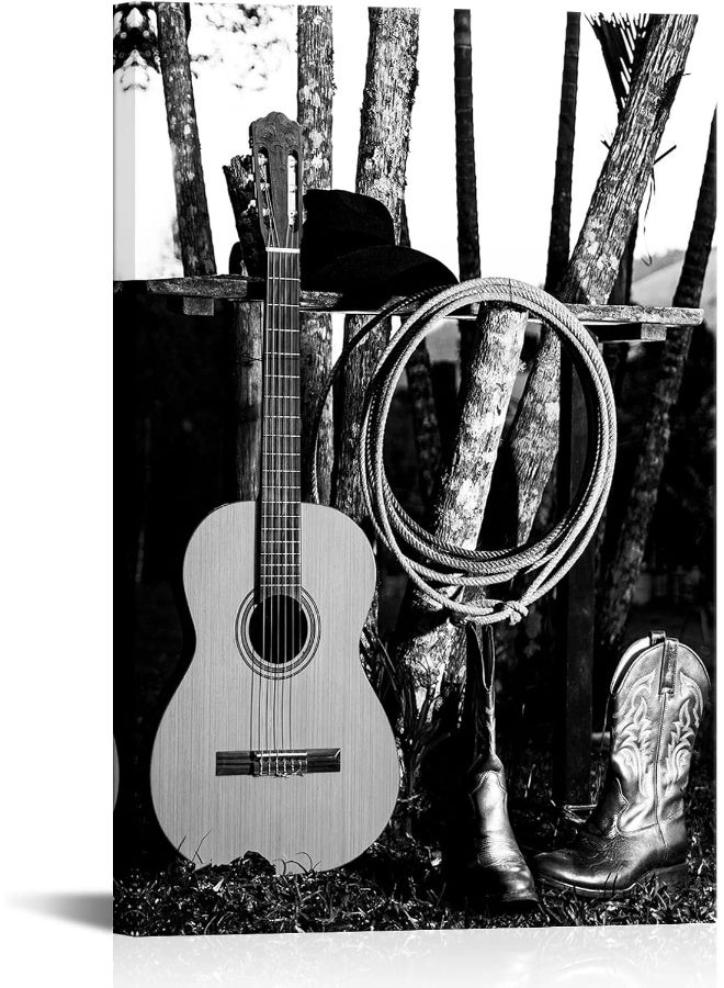 Home Trove Sechars Western Cowboy Canvas Wall Art Poster American West Rodeo Cowboy Guitar Boot Picture Print Black And White Farmhouse Country Artwork Stretched For Home Office Decoration 24X36Inch - Image 1