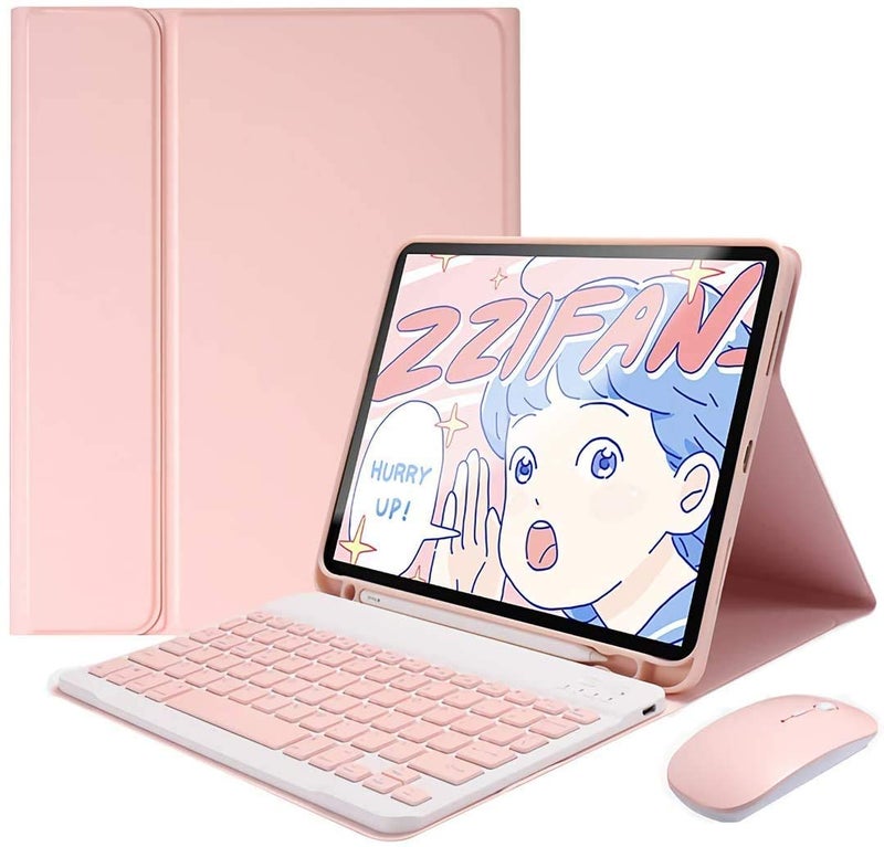 غطاء لوحة مفاتيح أنMengXinLing الجميل لجهاز iPad الجيل 9 و8 و7 مع ماوس لجهاز iPad9 وiPad8 وiPad7 بحجم 10.2 بوصة مع حامل قلم ولوحة مفاتيح وماوس قابل للفصل باللون الوردي