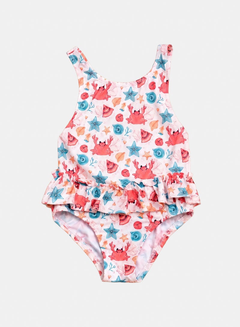 Kids' Coral Crab & Starfish Print One-Piece Swimsuit