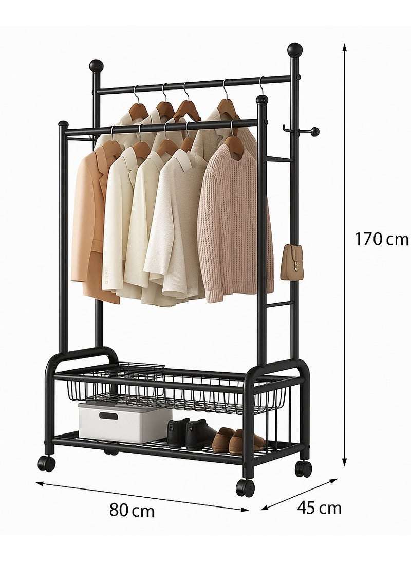 Living Black Metal Double Rod Clothes Rack with Wheels and Storage Shelves 170 x 80 x 45 cm 