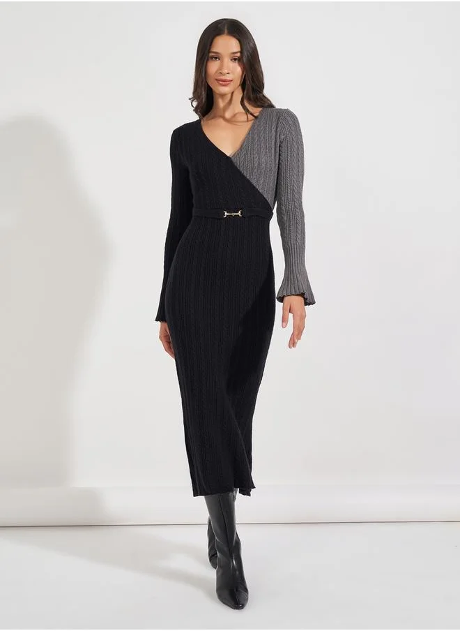 Styli Cable Knit Color Block Sweater Midi Dress