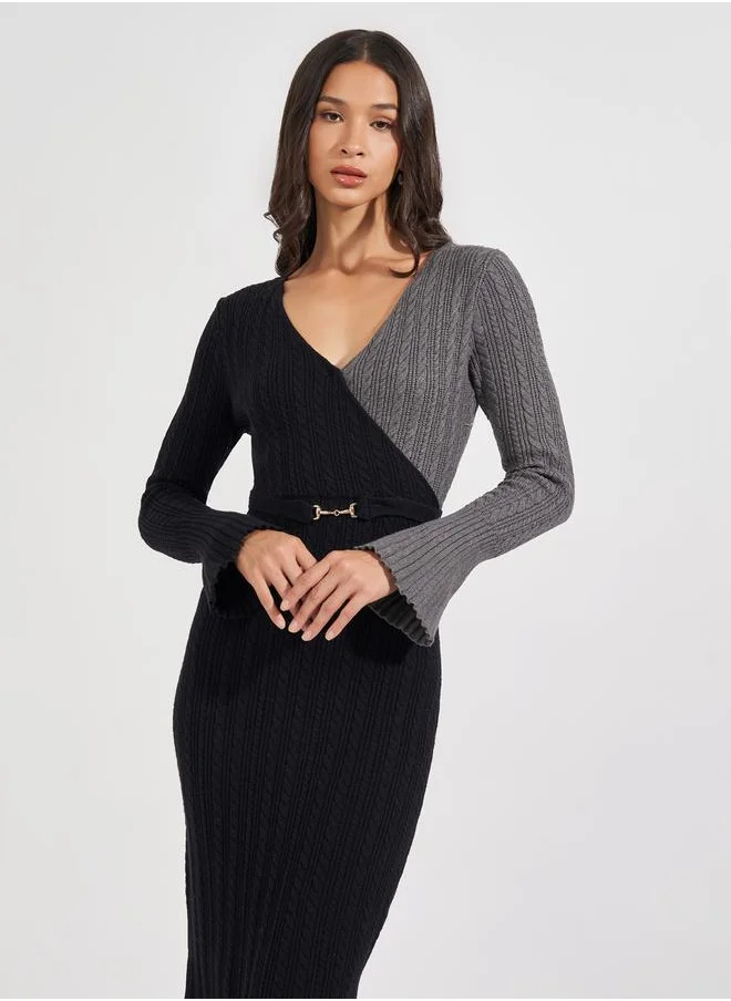 Styli Cable Knit Color Block Sweater Midi Dress