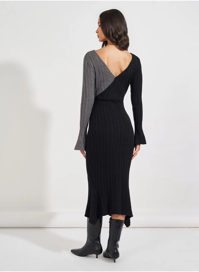 Styli Cable Knit Color Block Sweater Midi Dress
