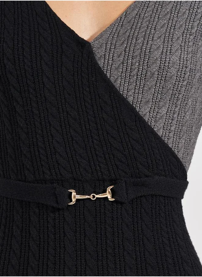 Styli Cable Knit Color Block Sweater Midi Dress