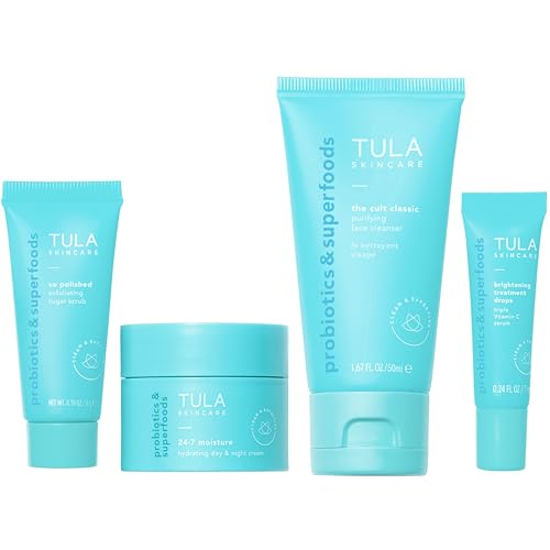 Tula Skin Care On the Go Best Sellers Travel Kit Facial Cleanser Day Night Moisturizer Sugar Scrub Vitamin C Serum for Glowing Radiant Skin 10 Count