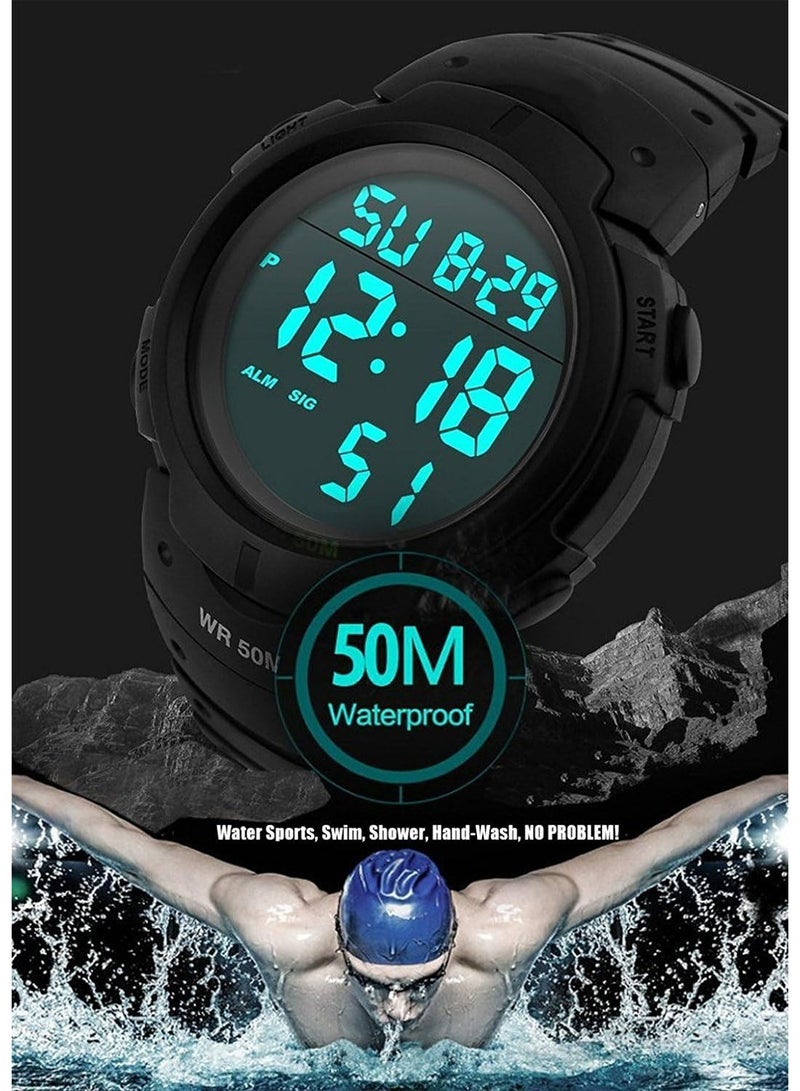 Men's Digital Sports Watch, 50M Waterproof, LED Backlight, Stopwatch & Alarm, Ultra-Light Silicone Band Wristwatch for Outdoor Activities - Image 5