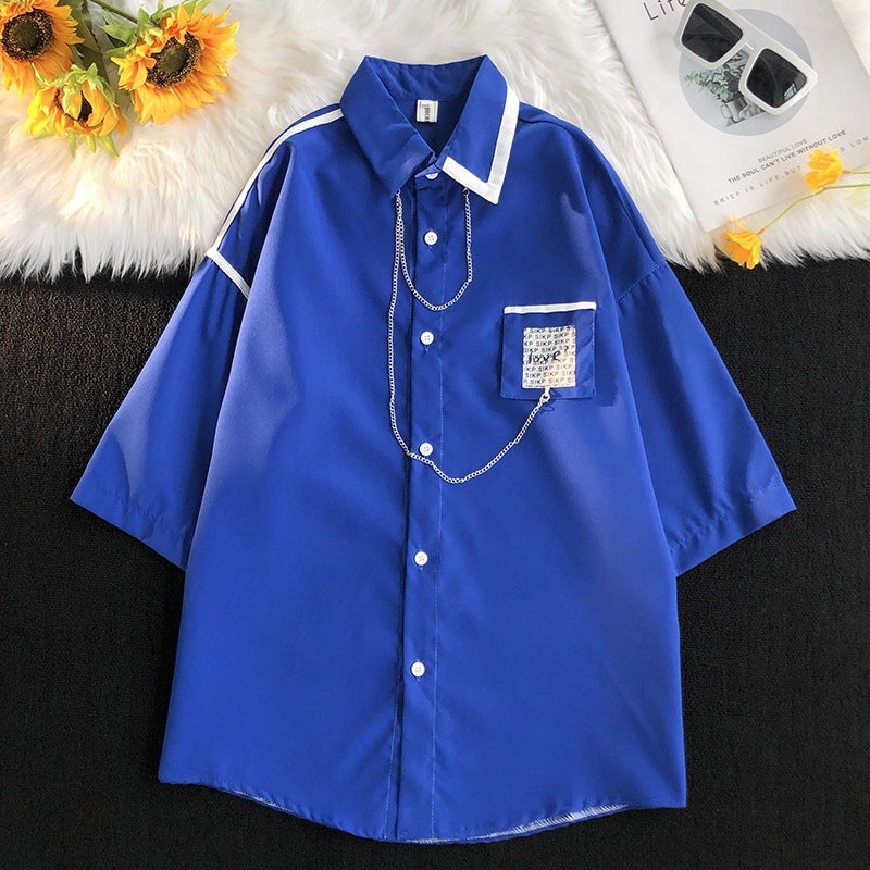Vintage French Style Necklace Shirt Unisex Summer Blue - Image 1