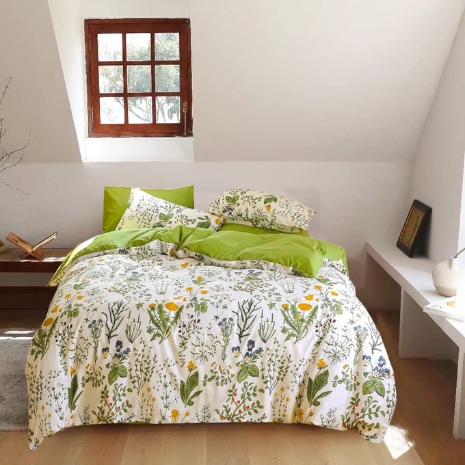 BOTANICAL COMFORTER SETS FULL WHITE AND GREEN FLORAL BEDDING COMFORTERS SAGE GREEN PLANT QUILTS FULL GIRLS WOMEN COTTON WATERCOLOR FLOWER QUILT GARDEN BOHEMIAN BEDDING RUSTIC LEAF BLOSSOM BED