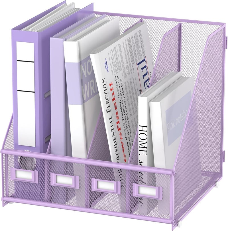 SUPEASY Magazine File Holder Desk Organiser, Metal Binder Holder with 4 Vertical Compartments for Office, Home, School, Purple - Image 1