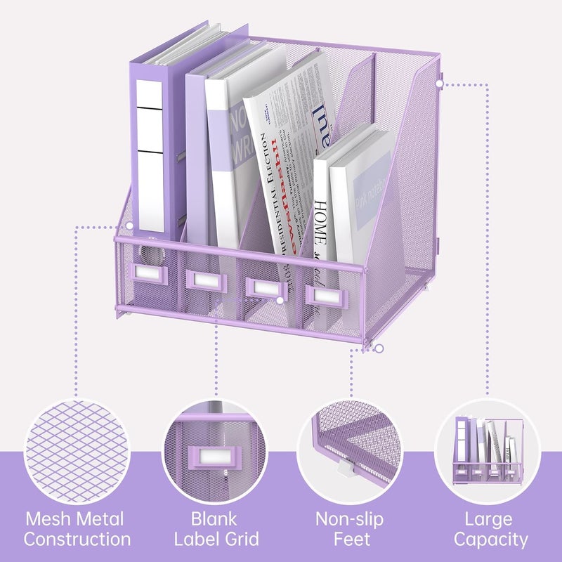 SUPEASY Magazine File Holder Desk Organiser, Metal Binder Holder with 4 Vertical Compartments for Office, Home, School, Purple - Image 4