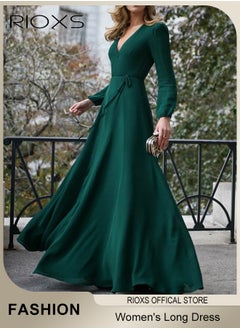 RIOXS Women's Elegant High Waist Maxi Dress, V-neck Long-sleeved Dress, Ruched Wrap Long Dress with Back Zipper and Belt, Stylish Exquisite Evening Prom Dress, Perfect for Both Casual and Formal Occasions  - Image 2