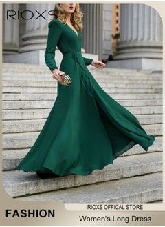 RIOXS Women's Elegant High Waist Maxi Dress, V-neck Long-sleeved Dress, Ruched Wrap Long Dress with Back Zipper and Belt, Stylish Exquisite Evening Prom Dress, Perfect for Both Casual and Formal Occasions  - Image 5