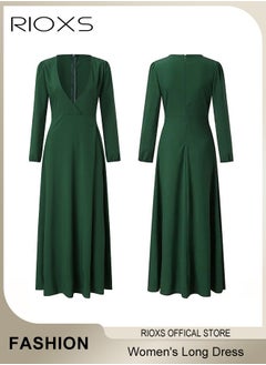 RIOXS Women's Elegant High Waist Maxi Dress, V-neck Long-sleeved Dress, Ruched Wrap Long Dress with Back Zipper and Belt, Stylish Exquisite Evening Prom Dress, Perfect for Both Casual and Formal Occasions  - Image 4