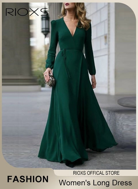 Women's V-neck Long-sleeved Dress, Elegant High Waist Maxi Dress for Ladies, Ruched Wrap Long Formal Dress with Back Zipper and Belt, Ladies Stylish Exquisite Evening Prom Dresses Party Dress For Casual/ Formal Occasions-Green