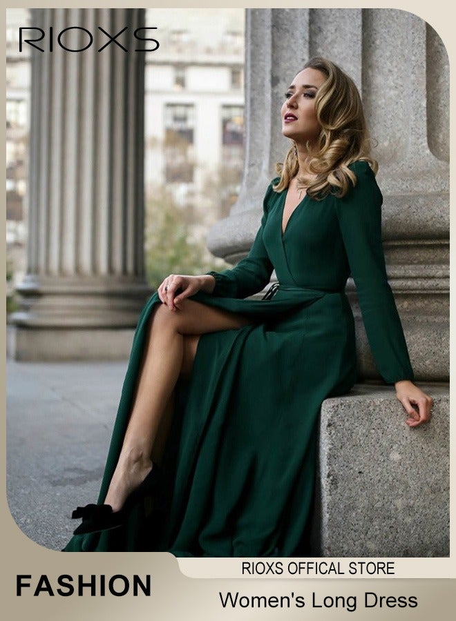 ريوكس فستان نسائي بأكمام طويلة وياقة على شكل V، فستان ماكسي أنيق بخصر عالٍ للسيدات، فستان رسمي طويل ملفوف مع سحاب خلفي وحزام، فساتين سهرة أنيقة ورائعة للسيدات، فستان حفلات للمناسبات غير الرسمية/الرسمية - أخضر - Image 3