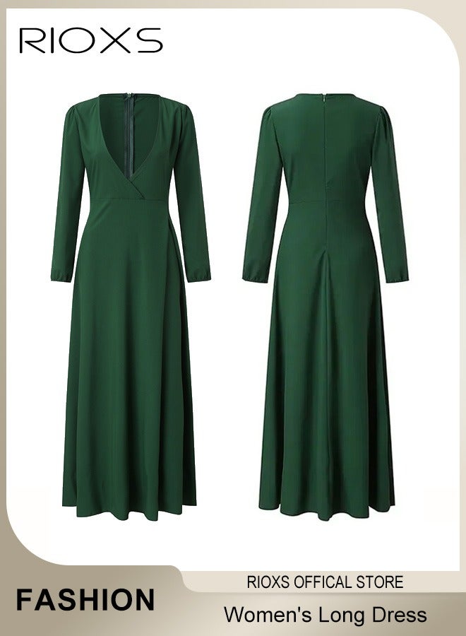 ريوكس فستان نسائي بأكمام طويلة وياقة على شكل V، فستان ماكسي أنيق بخصر عالٍ للسيدات، فستان رسمي طويل ملفوف مع سحاب خلفي وحزام، فساتين سهرة أنيقة ورائعة للسيدات، فستان حفلات للمناسبات غير الرسمية/الرسمية - أخضر - Image 5