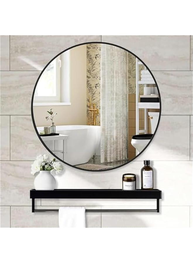 HOOKOR Round Mirror with Shelf,Black Circle Mirror Metal Frame,Wall Mirror for Bathroom,Bathroom Mirror,40CM Wall-mounted Mirror for Entryway,Wall Decor,Living Room, Bedroom,Bathroom - Image 1