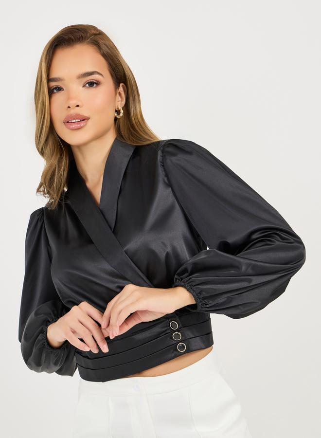 Styli Shawl Collar Balloon Sleeves Wrap Top - Image 1