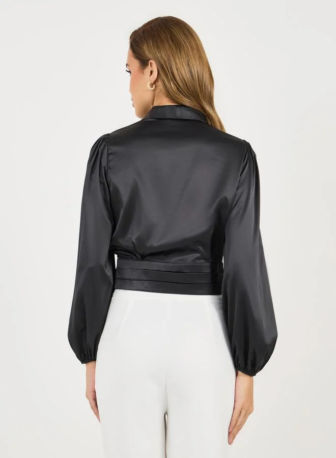 Styli Shawl Collar Balloon Sleeves Wrap Top