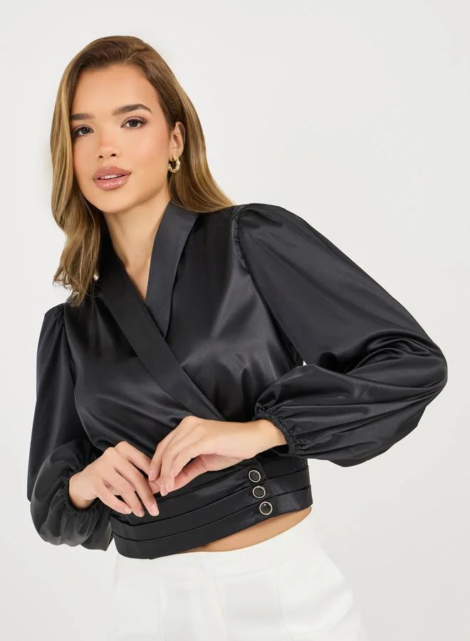 Styli Styli Shawl Collar Balloon Sleeves Wrap Top