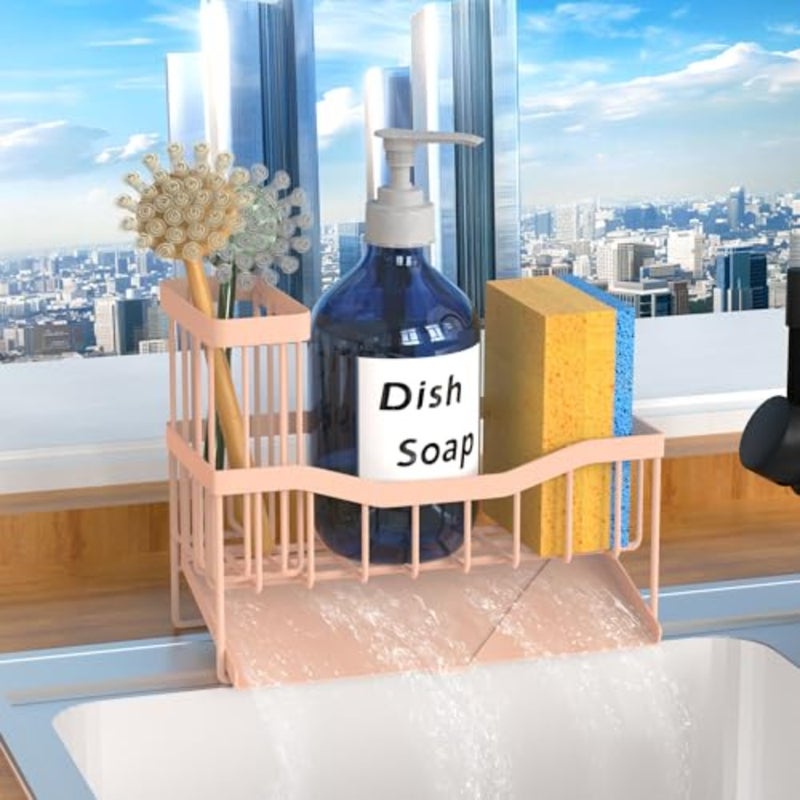 Sink Caddy Sponge Holder for Kitchen with Brush Holder and Stainless Steel Self Drain Tray, Rustproof Kitchen Sink Organizer for Sponge, Soap Dispenser Storage Accessories