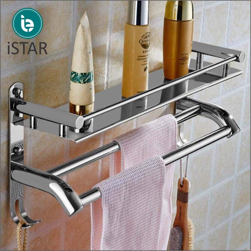 iSTAR Stainless Steel Bathroom Shower Caddy, Bathroom Shelf Wall Hanging Storage Organizer Kitchen Rack with Shampoo, Soap Holder and Towel Rack Hanger Steel Towel Holder (2 Shelf) - Image 2