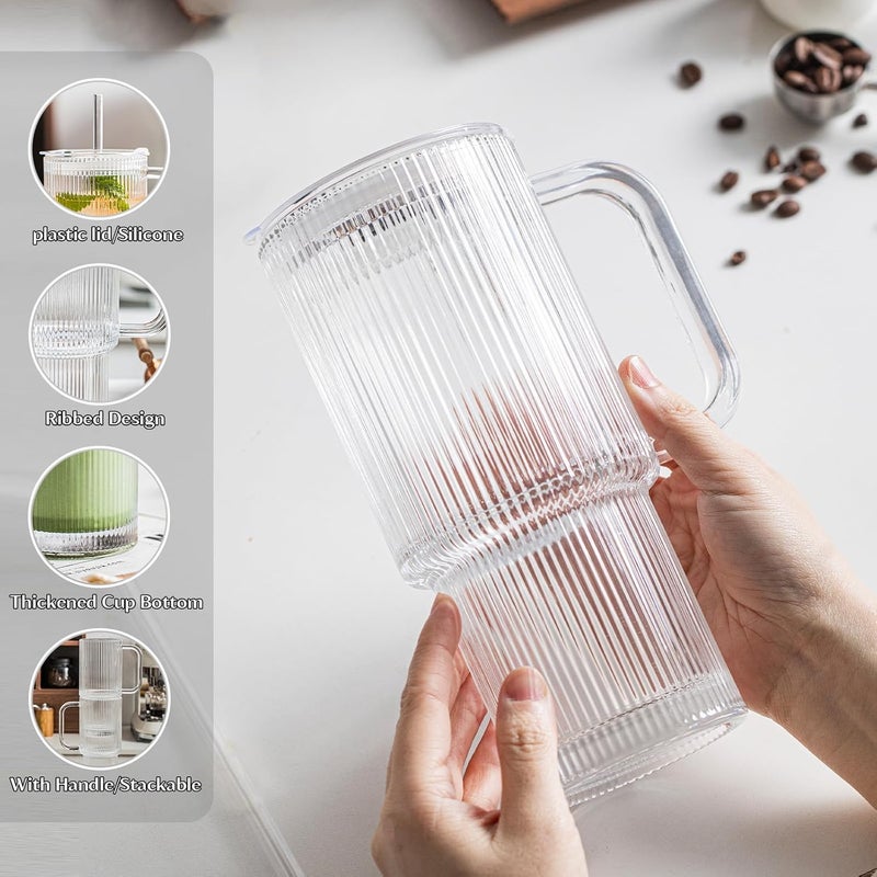 INSETLAN 26oz Ribbed Glass Tumbler with Handle & Lid – 4-Pack Large Iced Coffee Cups with Straws, Modern Glass Mug for Cold & Hot Beverages, Aesthetic Travel Cup for Smoothies, Tea, and Juice - Image 5